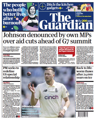 The Guardian (UK) Newspaper Front Page for 8 June 2021