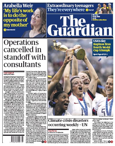 The Guardian Newspaper Front Page for 8 July 2019
