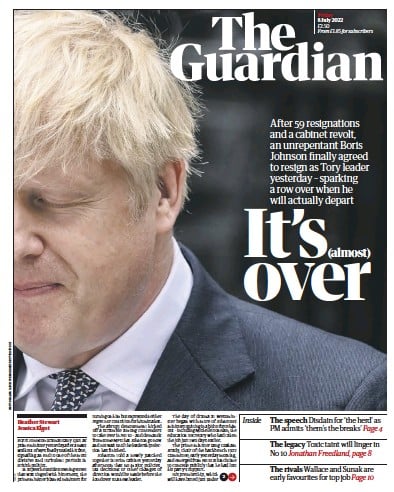 The Guardian Newspaper Front Page for 8 July 2022