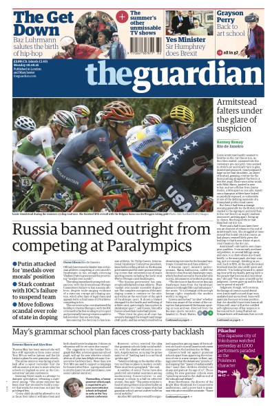 The Guardian Newspaper Front Page for 8 August 2016
