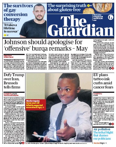 The Guardian Newspaper Front Page for 8 August 2018