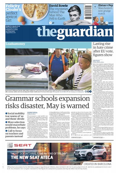 The Guardian Newspaper Front Page for 8 September 2016