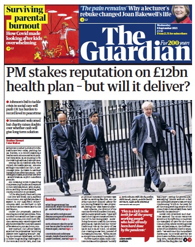 The Guardian (UK) Newspaper Front Page for 8 September 2021