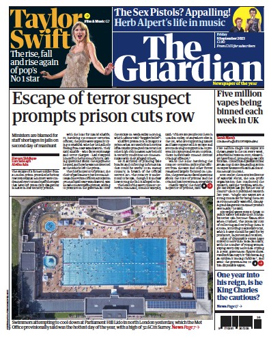 The Guardian (UK) Newspaper Front Page for 8 September 2023