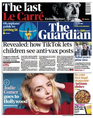 The Guardian (UK) Newspaper Front Page for 9 October 2021