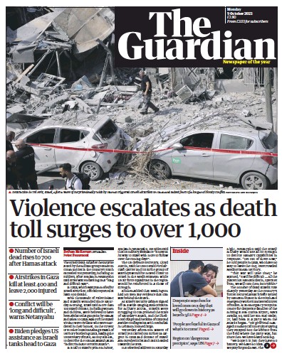The Guardian (UK) Newspaper Front Page for 9 October 2023