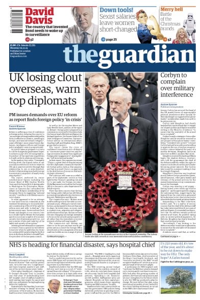 The Guardian Newspaper Front Page for 9 November 2015