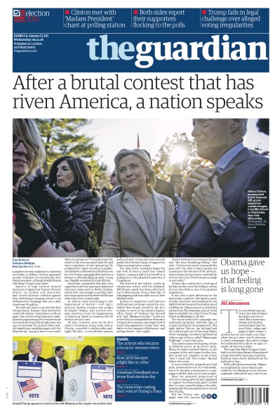 The Guardian (UK) Newspaper Front Page for 9 November 2016