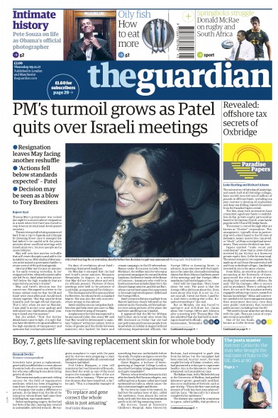 The Guardian (UK) Newspaper Front Page for 9 November 2017
