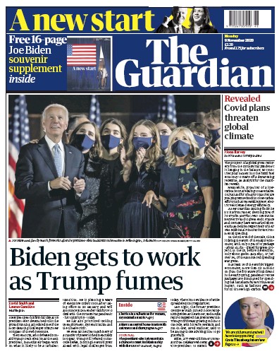 The Guardian Newspaper Front Page for 9 November 2020