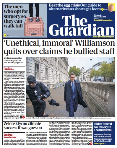 The Guardian (UK) Newspaper Front Page for 9 November 2022