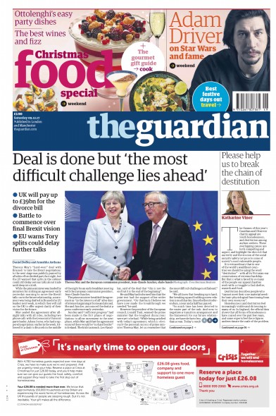 The Guardian Newspaper Front Page for 9 December 2017