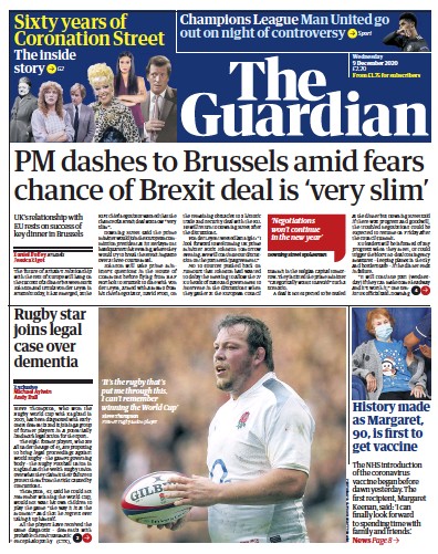 The Guardian Newspaper Front Page for 9 December 2020