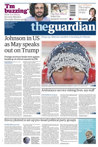 The Guardian Newspaper Front Page for 9 January 2017