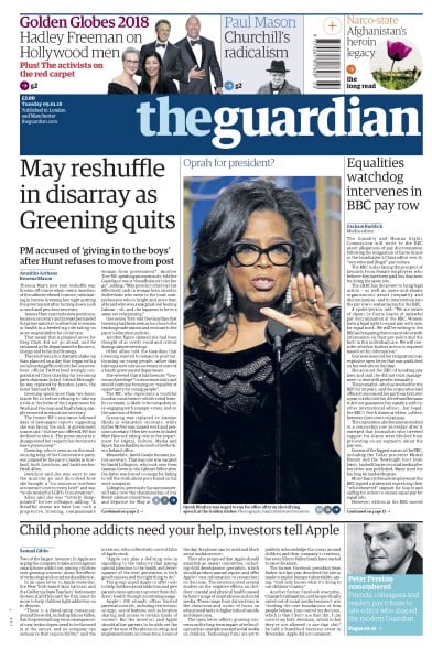 The Guardian (UK) Newspaper Front Page for 9 January 2018