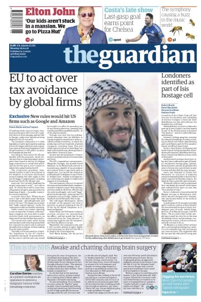 The Guardian Newspaper Front Page for 9 February 2016
