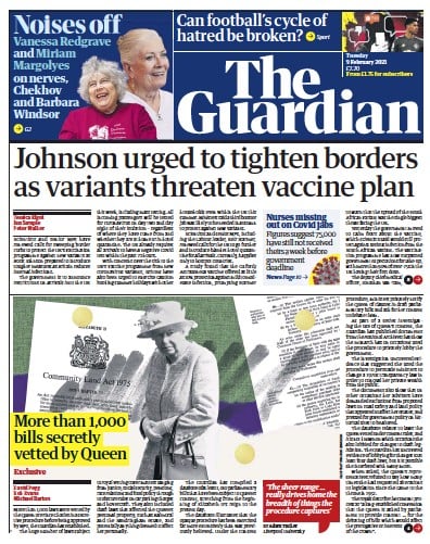 The Guardian (UK) Newspaper Front Page for 9 February 2021