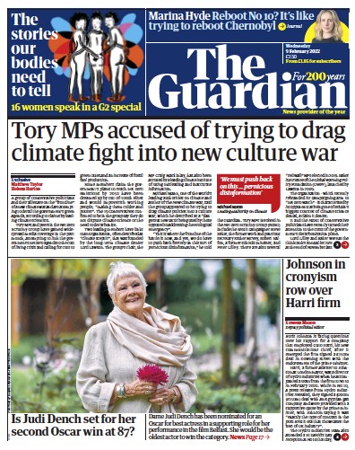 The Guardian Newspaper Front Page for 9 February 2022