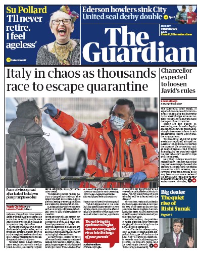 The Guardian Newspaper Front Page for 9 March 2020