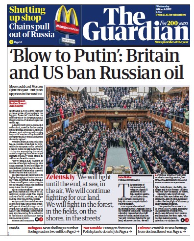 The Guardian Newspaper Front Page for 9 March 2022