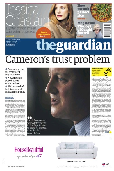 The Guardian Newspaper Front Page for 9 April 2016