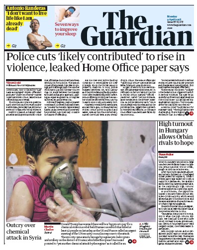 The Guardian (UK) Newspaper Front Page for 9 April 2018