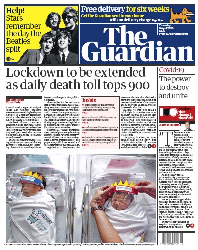 The Guardian (UK) Newspaper Front Page for 9 April 2020