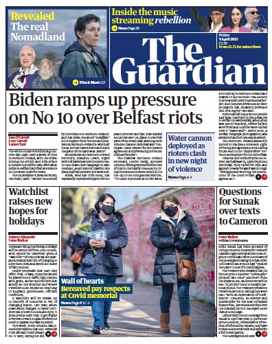 The Guardian (UK) Newspaper Front Page for 9 April 2021
