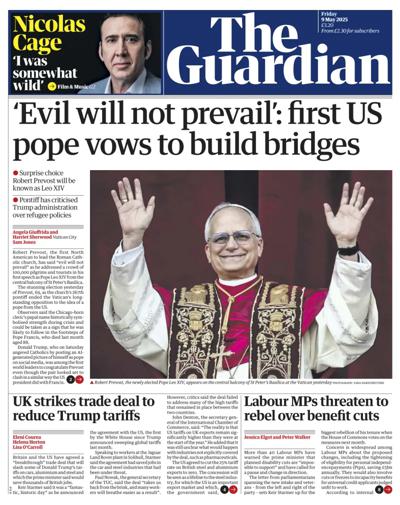 The Guardian (UK) Newspaper Front Page for 9 May 2025