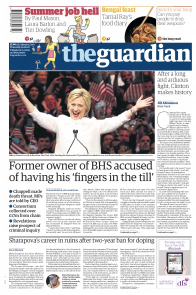 The Guardian Newspaper Front Page for 9 June 2016