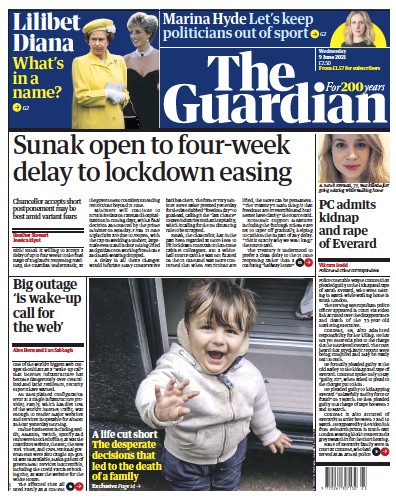 The Guardian (UK) Newspaper Front Page for 9 June 2021
