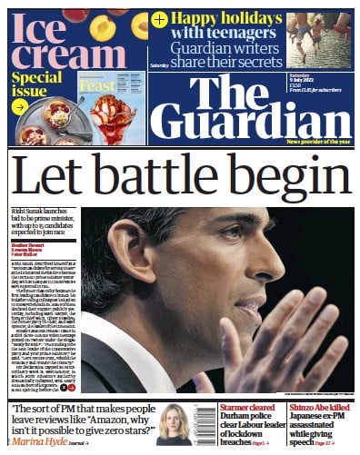 The Guardian Newspaper Front Page for 9 July 2022