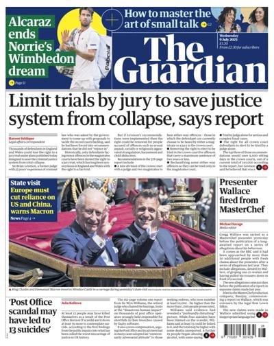 The Guardian (UK) Newspaper Front Page for 9 July 2025