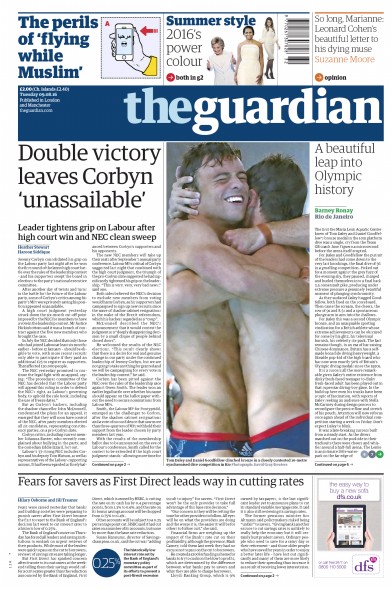 The Guardian Newspaper Front Page for 9 August 2016