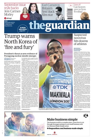 The Guardian Newspaper Front Page for 9 August 2017