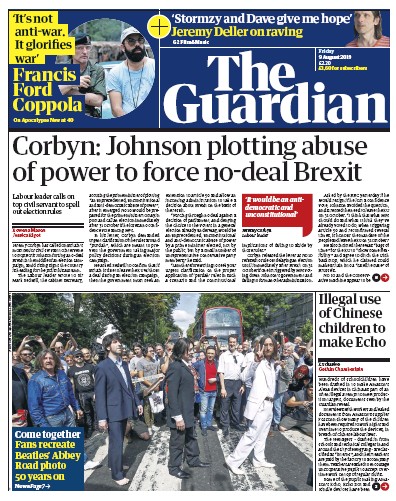 The Guardian Newspaper Front Page for 9 August 2019