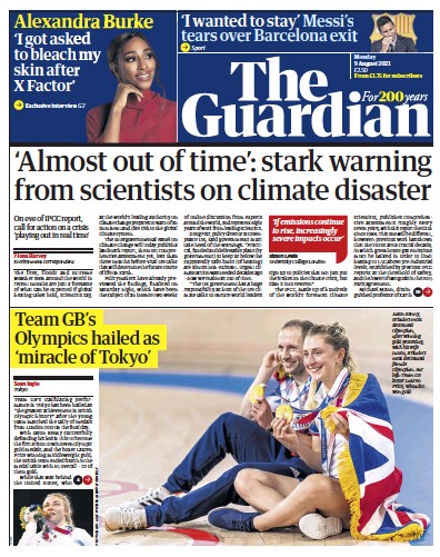 The Guardian (UK) Newspaper Front Page for 9 August 2021