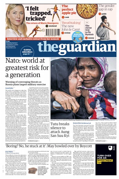 The Guardian Newspaper Front Page for 9 September 2017