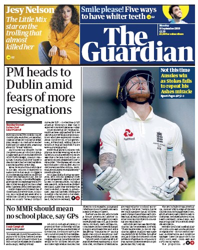 The Guardian Newspaper Front Page for 9 September 2019