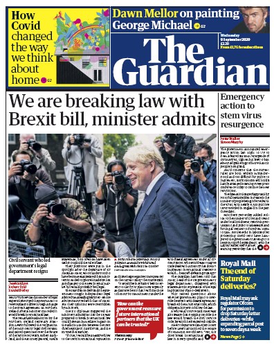 The Guardian Newspaper Front Page for 9 September 2020