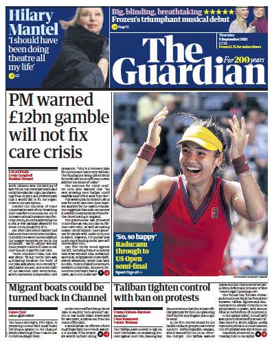 The Guardian (UK) Newspaper Front Page for 9 September 2021