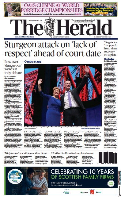 The Herald Newspaper Front Page for 10 October 2022