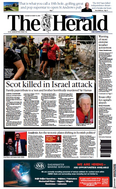 The Herald (UK) Newspaper Front Page for 10 October 2023