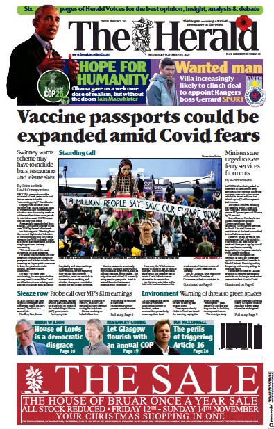 The Herald (UK) Newspaper Front Page for 10 November 2021