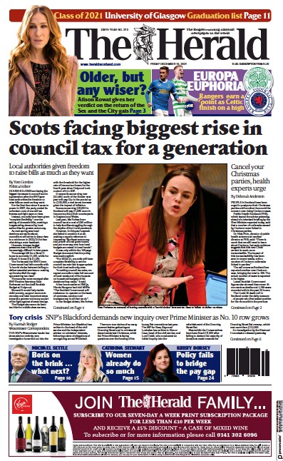 The Herald (UK) Newspaper Front Page for 10 December 2021