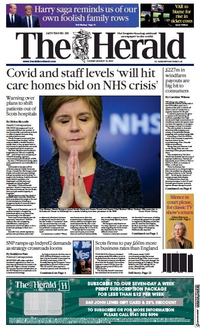 The Herald (UK) Newspaper Front Page for 10 January 2023