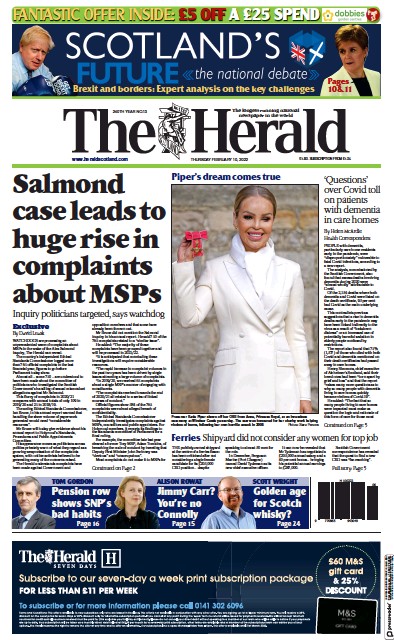 The Herald (UK) Newspaper Front Page for 10 February 2022