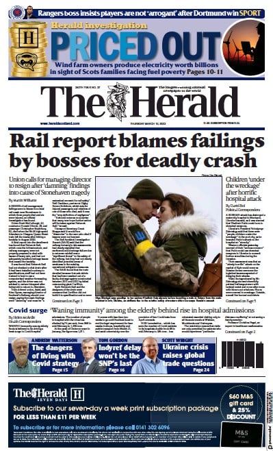 The Herald Newspaper Front Page for 10 March 2022