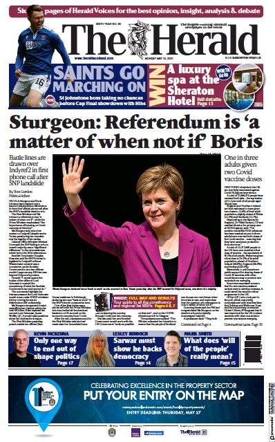 The Herald (UK) Newspaper Front Page for 10 May 2021