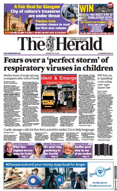 The Herald (UK) Newspaper Front Page for 10 July 2021